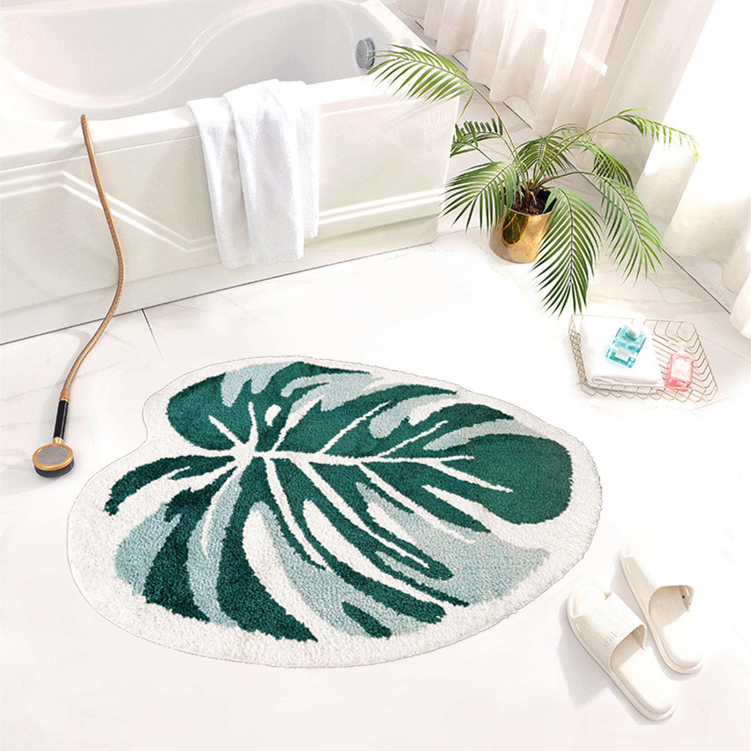 Monstera-leaf shape bath mat colorful cute bathroom decor